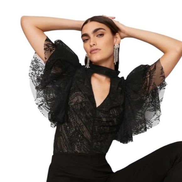 Osman Yousefzada Black Lace Top Ruffle Sleeve Blouse Size 6 - Picture 2 of 9